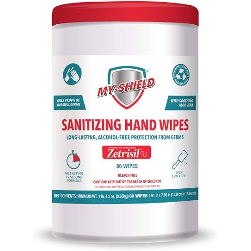 Sanitizing Hand Wipes - 80 Count (1-tub) Alcohol-Free, Long-lasting Protection. Kills 99.9% of Germs. Moisturizes With Aloe Vera. Formulated with Zetrisil. FDA Registered