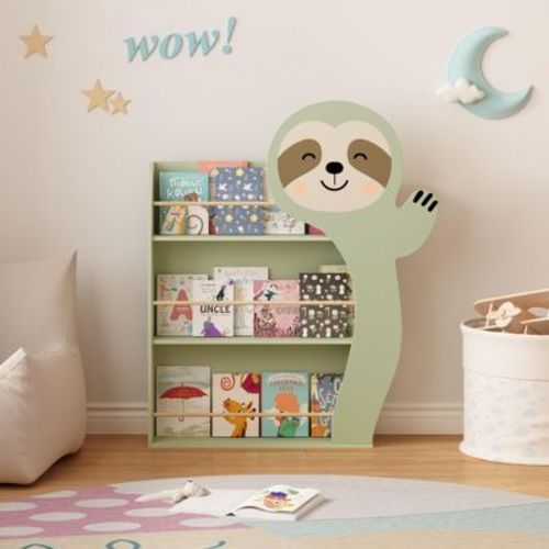 Sloth Kids Bookshelf, 3-Tier Front-Facing Toddler Book Display Rack, Cute Animal Nursery Bookcase with Anti-Tip Kit, Sage Green
