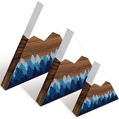 Maitys 3 Pcs 3 Size Mountain Shelf Decor Mountain Wooden Sign Farmhouse Wood Forest Sign Woodland Nursery Decor Travel Adventure Table Centerpiece for Home Farmhouse(Blue)