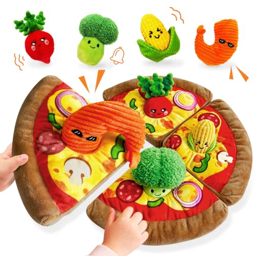 Montessori Baby Sensory Pizza Plush Toy with Peel & Stick for 6-36 Months | Crinkle Rattle Squeaker Play Food, Soft Baby-Safe Multi-Textured, STEM Fine Motor Skills, Boy Girl Baby Shower Birthday Gifts