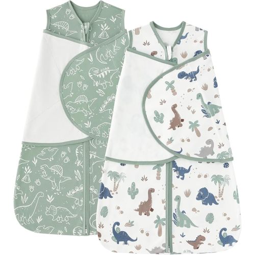 Baby Swaddle Sleep Sack 0-3 Months, Cotton Swaddles for Newborns Boys Girls, 2-Way Zipper Transitional Infant Wearable Swaddling Blanket with Quiet Closure, 0.5 TOG 2 Pack Soft Green Dinosaur