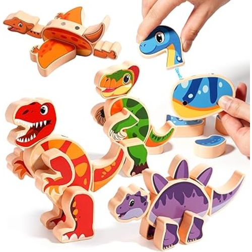 INIFEIDALA Magnetic Wooden Dinosaur Building Blocks, Ages 3-6