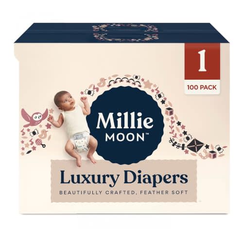 Millie Moon Luxury Baby Diapers, Size 1 (8-14 lbs), 100 Count, Overnight | 12-Hour Overnight Leak Protection, CloudTouch Soft, Wetness Indicator, Hypoallergenic for Sensitive Skin, Fragrance Free