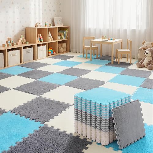 18 Pcs Plush Foam Interlocking Carpet Tiles, White, Gray, Blue