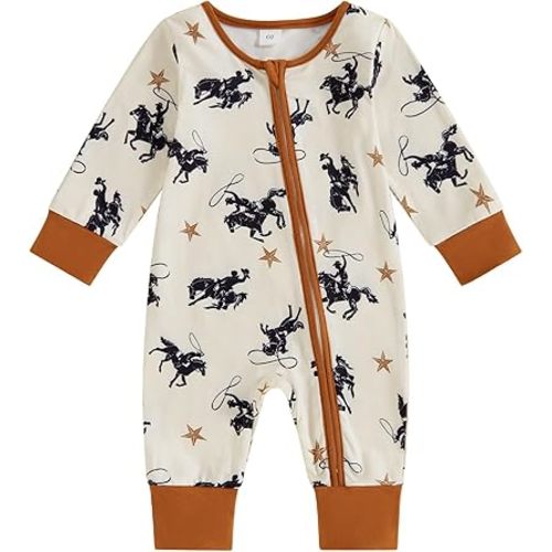 SAYOO Western Baby Cowboy Clothes Neutral Zipped Fall Romper Outfit for Boy Girl Infant Lapel Cow Print One-piece Jumpsuit