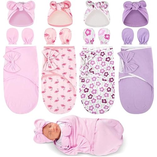 Ramede 4 Set Preemie Swaddle Blanket with Hats & Mittens, Preemie Swaddle Set for Baby Adjustable Infant Outfit Newborn Gift(Sweet Style)