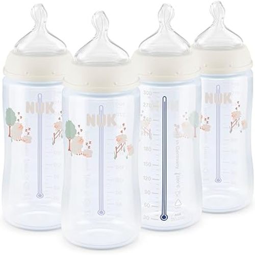 NUK First Choice Smooth Flow Anti-Colic Bottle, Peach, 10 oz. Baby Bottle with SafeTemp Temperature Indicator, Newborn Essentials, 4-Pack