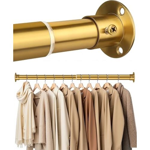 Closet Rods for Hanging Clothes, 17-64 Inch Heavy Duty and Stepless Adjustable Closet Poles, Stainless Steel Closet Hanging Rod for Closet, Wardrobes, Laundry Room, Bathroom, RV (Gold)