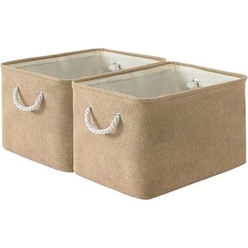 Organization and Storage Basket for Organizing - 17X15X12 inch 2 Pack Collapsible Baskets for Shelves, Fabric Storage Cubes with Rope, Storage Box for Cloth Decorative Gift (Beige)