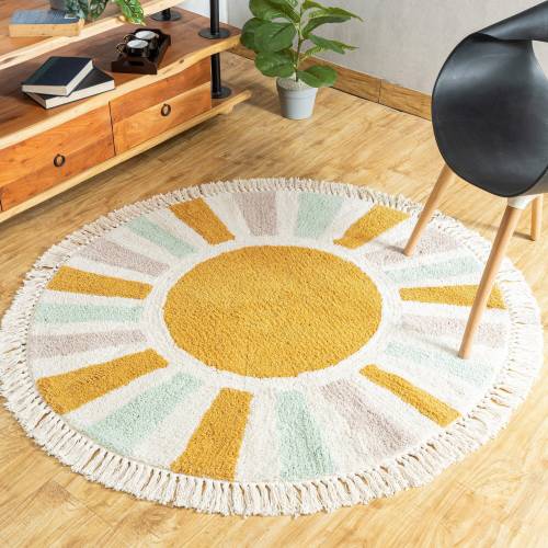 HouseOfDecor - Sunburst Round Cotton Area Rug, Hand Tufted, Mustard & Ivory/Off-White, Nursery, Kids Decor