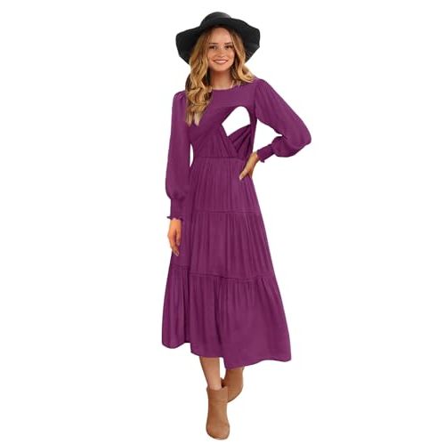 CzzzyL Womens Flutter Long Sleeve Smocked Tiered Nursing Dress for Breastfeeding with Pockets