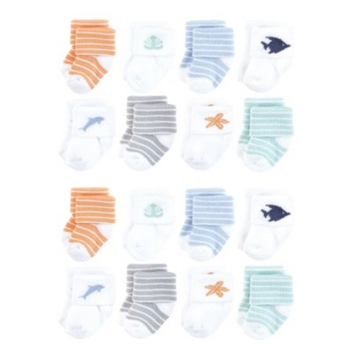 Hudson Baby Cotton Rich Baby Terry Socks 16-Pack, Starfish, 0-6 Months