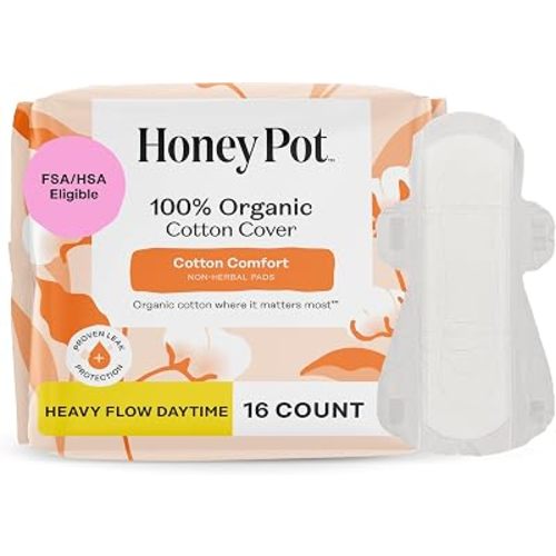 The Honey Pot Company - Sanitary Pads for Women - Non-Herbal Heavy Flow Daytime w/Wings - Organic Cotton Cover & Ultra-Absorbent Core - Feminine Care - 16 ct