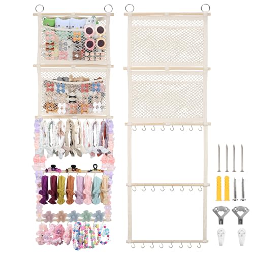 Headband Holder, 17x50in Hair Bow Holder W/ 2 Mesh Pockets & 24 Metal Hooks, Baby Bow Organizer for Girls, Wall Hanging Hair Accessories Organizer Storage Hanger for Toddler Room Nursery Decor(Beige)