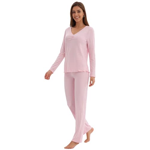 Women's Lightweight Long Sleeve Pajama Set V-Neck Loungewear | Lightweight sleepwear featuring a V-neck top and matching pants. Soft breathable fabric provides lasting comfort for sleeping
