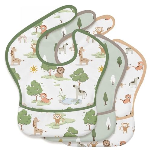 3-Pack Baby Feeding Bibs | Waterproof Stain-Resistant 3D Food Catcher, Soft Lightweight Design for Baby-Led Weaning, Infants & Toddlers 3-24 Months Jungle Animals