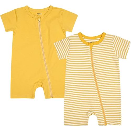 Teach Leanbh Baby Boys or Girls 2 Pack Pajamas Cotton Short Sleeve Zipper Romper Jumpsuits Sleep and Play 3-24 Months (Yellow, 3-6 Months)
