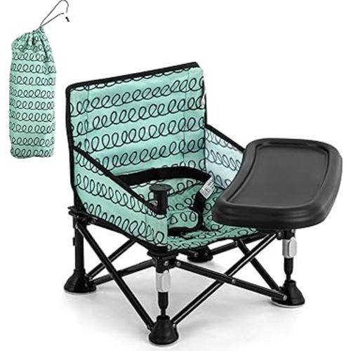 Toddler Booster Seat for Dining Table & Kitchen Chair - Portable Foldable with Removable Tray, Baby Camping Chair 6-36 Months Indoor Outdoor (Green Stripe)