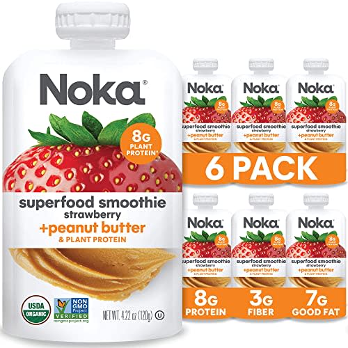 Noka Superfood Fruit & Nut Butter Smoothie Pouches, Healthy Snacks (Strawberry Peanut Butter) 6 Pack, Vegan, Plant Protein, Gluten-Free, Organic, Meal Replacement Squeeze Packs, 4.22oz Ea