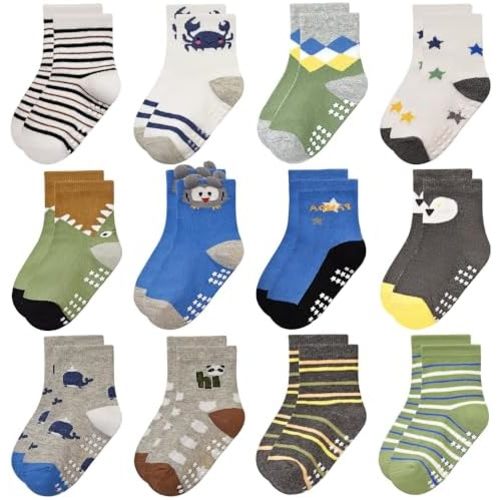 Non Slip Toddler Socks with Grip Boys Girls 12 Pairs Anti Skid Crew Socks Baby Kids Children Cartoon Pattern