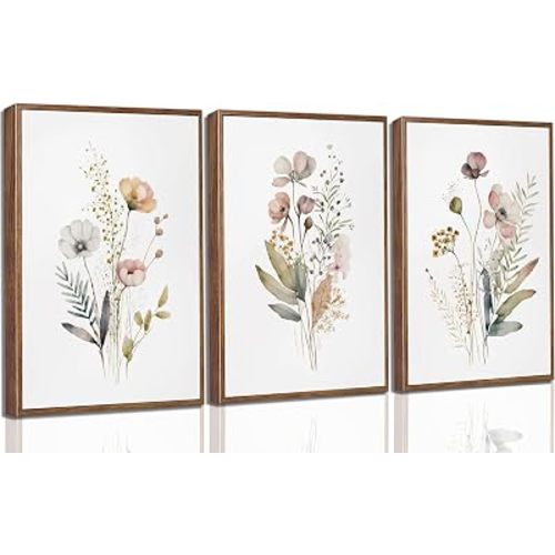 3Pcs Framed Watercolor Wildflower Canvas Wall Art