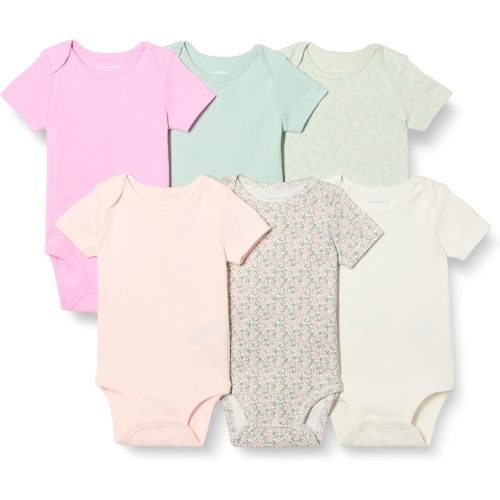 Amazon Essentials Unisex Babies' Short-Sleeve Bodysuits, Pack of 6, Pink/Floral, 6-9 Months