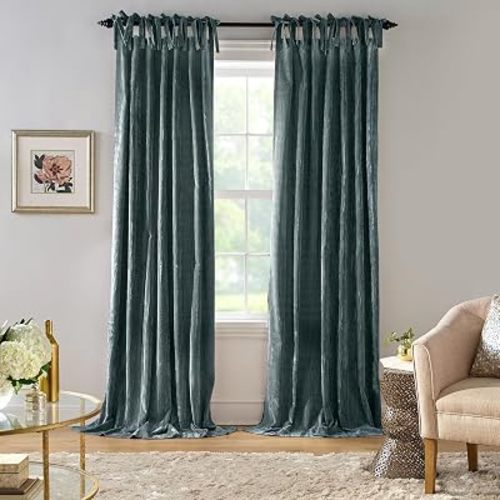 Threadmade Korena Tie-Top Crushed Velvet Window Curtain, Peacock - 52" W x 84" L