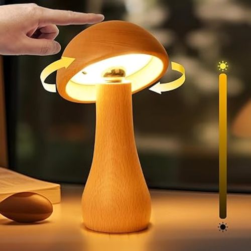 Wooden Small Mushroom Lamp, Touch Switch Cordless Table Lamp for nightstand, Rechargeable Battery Operated Night Light, 360 Degree Rotation Adjustable, Stepless Dimming Desk Lamps for Living Room