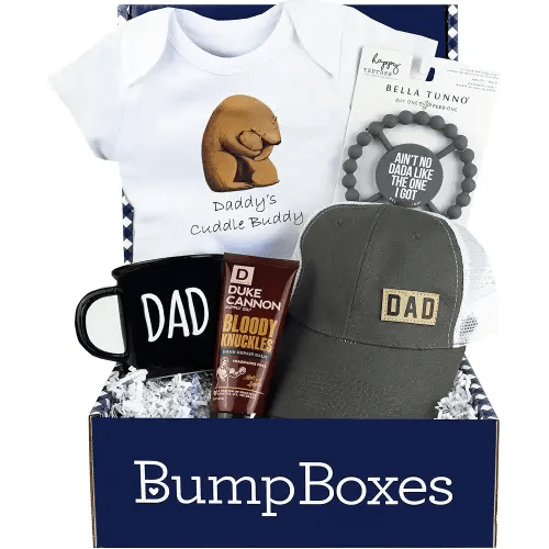 Bump Boxes, New Dad Gift Box with Mug, Hat, Teether, Onesie and Balm, Unique Kit for First time or Expecting Father, Fathers Gifts for Men