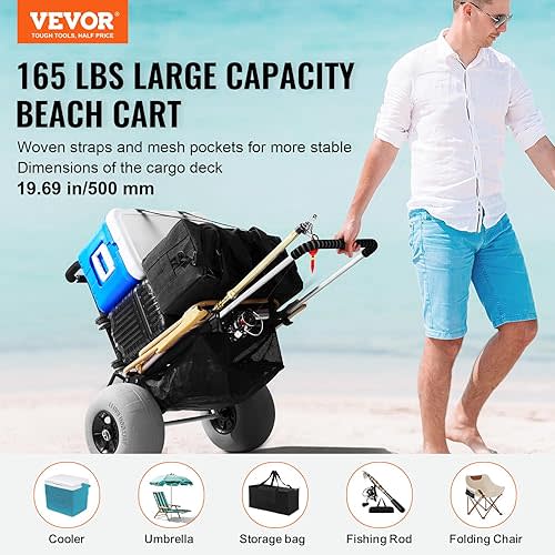 Beach Dolly with Big Wheels for Sand, 29.9" x 15.4" Cargo Deck, w/ 12" Balloon Wheels, 165LBS Loading Capacity Folding Sand Cart & 27" to 44.7" Adjustable Height, Heavy Duty Cart for Beach