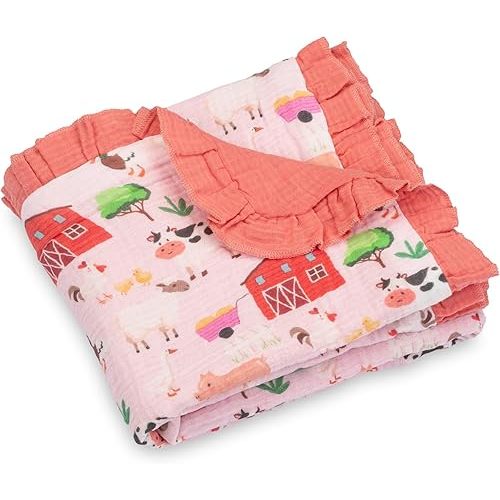 LollyBanks Baby Girl Blankets, 100% Organic Cotton Infant Muslin Blankets, Lightweight 40 x 36 Inches Crib Blankets for Toddlers, Gentle Ruffle Infant Quilt, Newborn Essentials (Pink Farm Print)