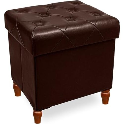 CAROLMADE Folding Storage Ottoman Cube PU Leather Footstool with Wood Legs Ottoman Footrest for Living Room and Bedroom Brown, 15x12.6 x 15.4”