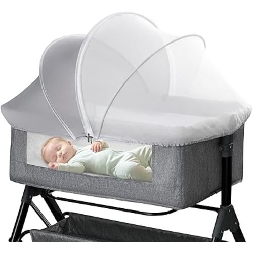 Bassinet Mosquito Net Cover - Half-Blackout Mosquito Net for Baby Crib & Bedside Sleeper, Breathable Crib net with 2-Way Zipper, Sun-Blocking Baby Mosquito Net Cover (Gray-Small)