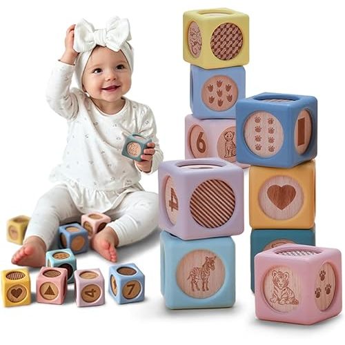 Mitico Wooden & Silicone Baby Stacking Blocks 6M+, Montessori Sensory Building Toy | Early Learning Play, Fine Motor Skills, Hand-eye Coordination, Open-ended Imaginative Play, Teething-safe Soft Edges