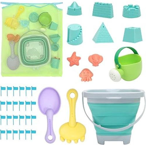 Beach Toys Sand Set for Kids, Collapsible Bucket and Shovels with Mesh Bag, Molds, Flags, Sandbox Kids Toddlers, Travel (Tavel Size)