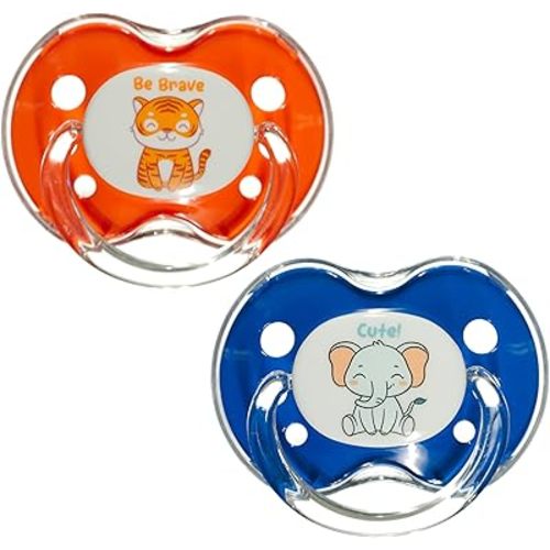 Playtex Baby Binky Orthodontic Pacifier with Snap-On Cover, Air Comfort Shield, Medical Grade Silicone, Up to 6 Months, Blue & Orange (2 Count)