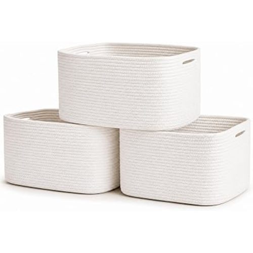 Off-White Cotton Rope Baskets for Shelves, Set of 3 - 15"×10"×9½" - Woven Storage Baskets for Organizing - Closet, Nursery, Bedroom, Playroom - Toys, Books, Towels, Clothes