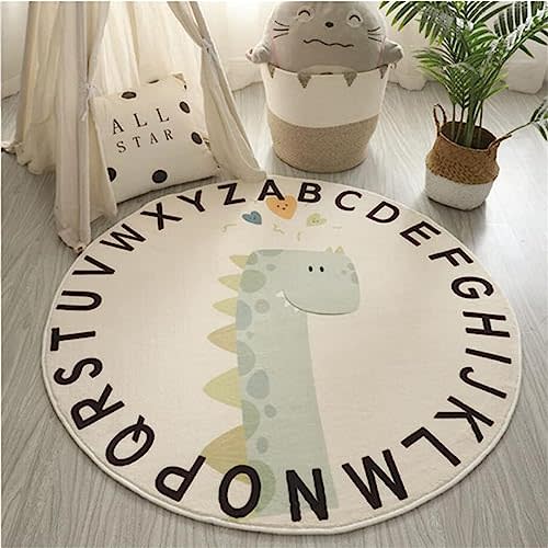 Jiuqianli ABC Round Rug for Kids Warm and Soft Alphabet Nursery Animal Area Rugs Fun Rugs for Play Rooms Non-Slip Mats Crawling Mats Decorative Rugs for Bedrooms Living Rooms (Dinosaurs, 47in)