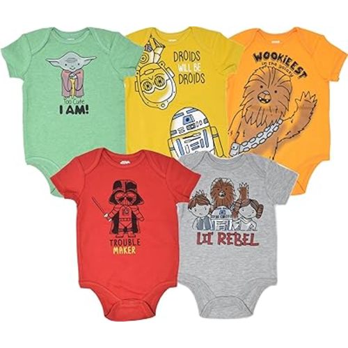 STAR WARS Chewbacca C-3PO R2-D2 Darth Vader Yoda 5 Pack Short Sleeve Bodysuits Newborn to Infant