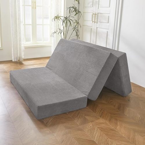 BYBYME Corduroy Tri-Folding Mattress, 6 Inch Gel Folding Mattress Topper, Foldable Soft Guest Bed Camping Pad, Washable Cover (Beige, Queen)