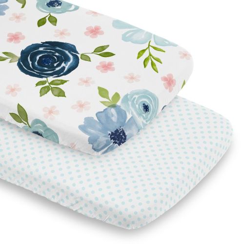 Sweet Jojo Designs Girl Baby Bassinet Fitted Sheets Set Watercolor Floral Blue Pink And Green 2pc