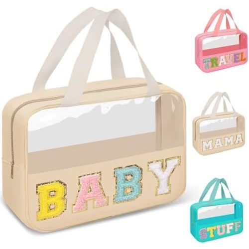 Preppy Clear Baby Makeup Bags with Chenille Letter Patches, Travel Essentials Large Clear Make up Bag Zipper Pouch with Handle, Waterproof Nylon Cosmetic Toiletry Storage Tote for Women (BABY-Beige)