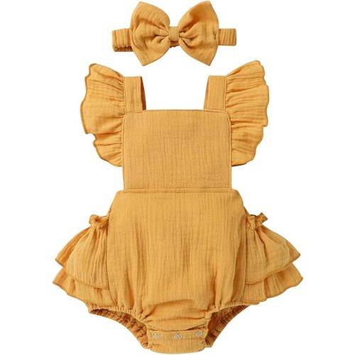Happy Town Baby Girl Clothes Toddler Summer Linen Romper Sleeveless Ruffle Outfits Infant Girls Jumpsuit with Headband