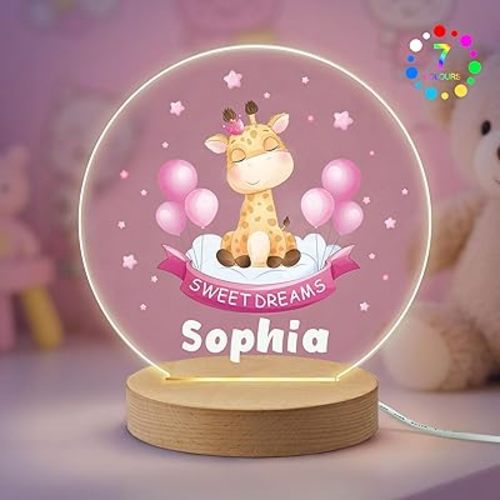 EDSG Personalized Night Light Gifts for Baby Nursery Custom 7 Colors Night Lamp for Toddler Baby Gifts for Boys Girls Kids Christening Christmas Birthday (Pink-Giraffe)