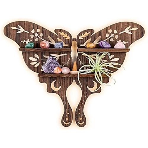 ANROYE Luna Moth Crystal Shelf Display, Boho Pine Wood Wall Floating Shelves with Light for Gem Stone Essential Oil Storage, Bohemian Wooden Butterfly Hanging Witch Rustic Decor Holder