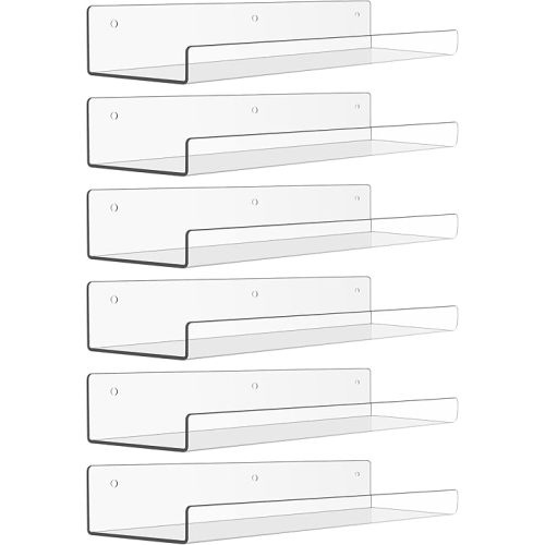 upsimples 6 Pack Acrylic Shelves for Wall Storage, 15" x 4“ Floating Bookshelves for Kids, Display Shelf Organizer for Bathroom, Bedroom, Living Room, Kitchen, Room Decor, Clear