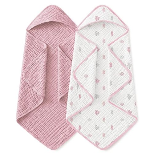 Hooded Baby Towels for Newborn 2 Pack 100% Muslin Organic Cotton Baby Bath Towel with Hood for Babies, Infant, Toddler and Kids,37.5"x37.5", Soft and Absorbent Newborn Essential,Pink&WhiteLeaf