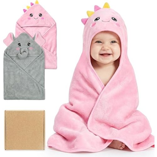 2 Pack Hooded Baby Towels for Newborn, Coral Fleece Baby Bath Towel for Newborn Infant Toddler, Ultra Soft & Lightweight Baby Bath Towels Baby Bath Essentials