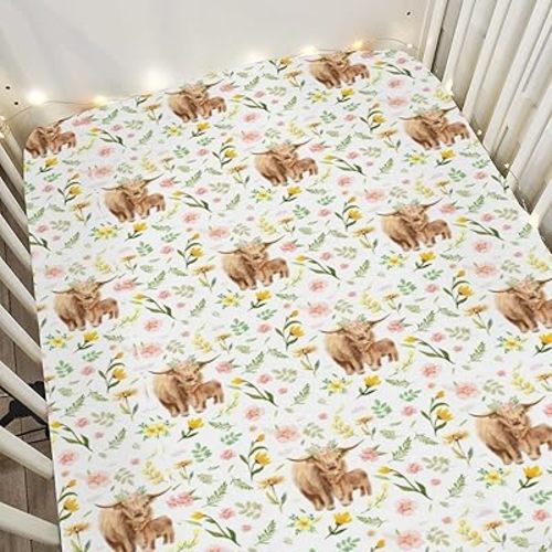 Highland Cows Boho Floral Baby Crib Sheets for Boy Girl 52x28Inch Yak Cattle Retro Flowers Leaves Soft Snug Fitted Crib Mattress Cover Farm Animal Baby Sheet for Standard Crib & Toddler Bed Mattress
