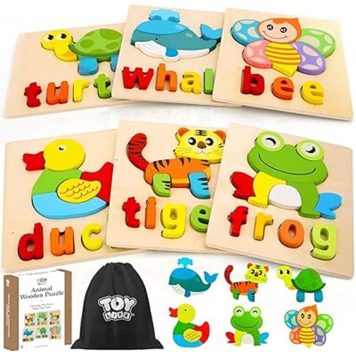 TOY Life Toddler Puzzles Ages 2-4, 6 Animals with Spelling Wooden Puzzles for Toddlers 3-5, Montessori Toys Gifts for 1 2 3 Years Old Boys Girls, Birthday Gifts Educational Learning Toys for Kids